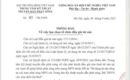 Trung tâm Kỹ thuật truyền dẫn phát sóng thông báo về việc lựa chọn tổ chức đấu giá tài sản