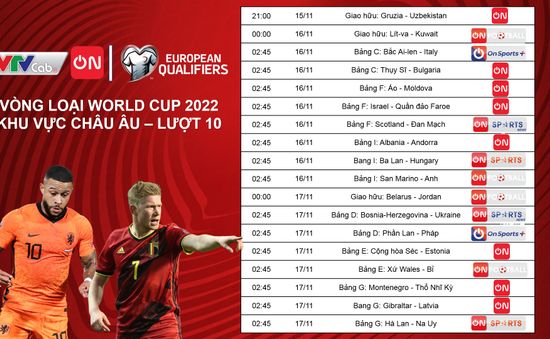 Vòng loại World Cup 2022 khu vực châu Âu lượt 9, 10 trực tiếp trên VTVcab