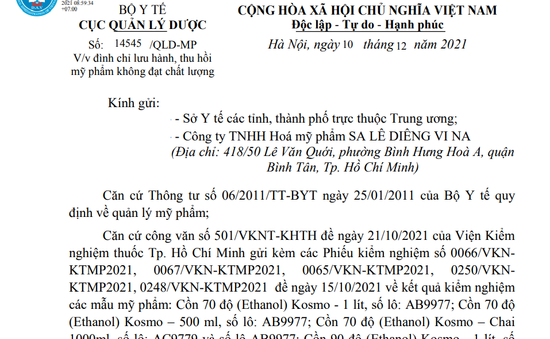 Thu hồi toàn quốc các lô cồn Kosmo không đáp ứng yêu cầu về giới hạn Methanol