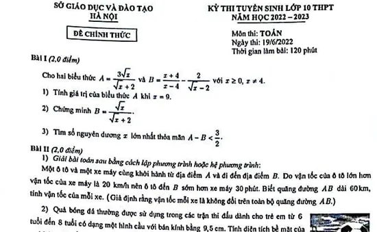 Đề thi môn Toán kỳ thi vào lớp 10 của Hà Nội