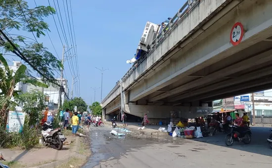 Tiền Giang: Xe tải chở cá lật ngang trên cầu, nhiều tấn cá vương vãi