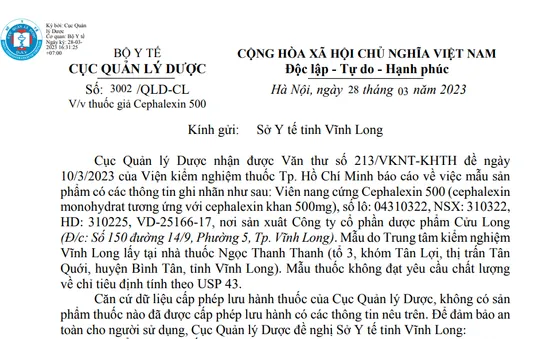 Bộ Y tế cảnh báo thuốc giả Cephalexin 500