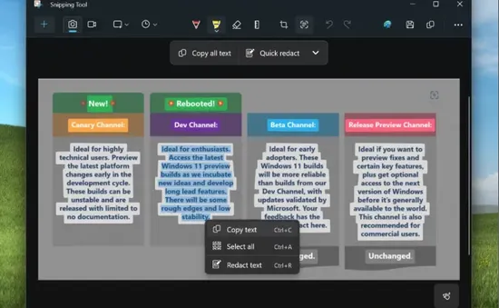 Microsoft thử nghiệm tính năng sao chép văn bản từ ảnh chụp màn hình cho người dùng Windows 11
