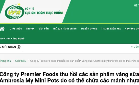 Thu hồi các sản phẩm váng sữa Ambrosia My Mini Pots do có thể chứa các mảnh nhựa