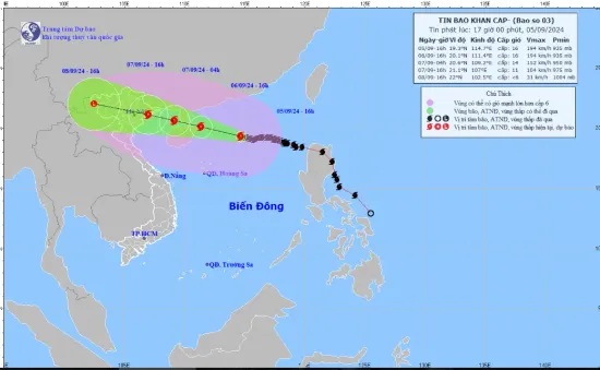 Bão số 3 giật cấp 17, di chuyển theo hướng Tây Tây Bắc, tốc độ 15 km/h