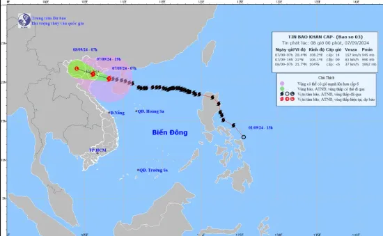 Bão số 3 giật cấp 17, cách Quảng Ninh - Thái Bình 150 km về phía Đông Đông Nam