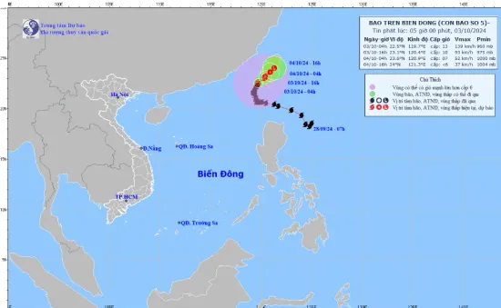 Bão số 5 giật cấp 16 trên khu vực Bắc Biển Đông