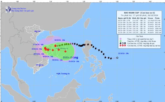 Bão số 6 giật cấp 14 đang hướng về đất liền Trung Bộ