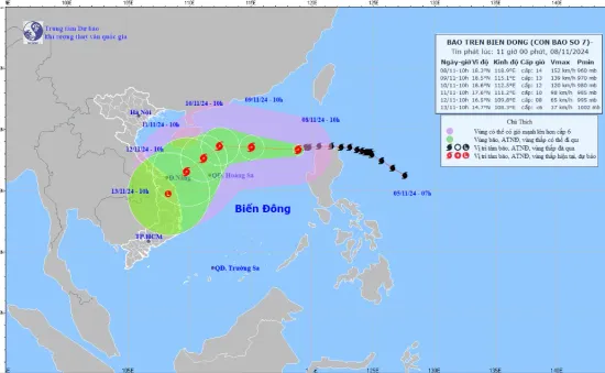 Bão số 7 giật cấp 17 di chuyển theo hướng Tây Tây Nam