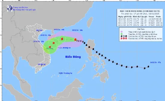 Bão số 9 giật cấp 14, di chuyển theo hướng Tây Tây Bắc