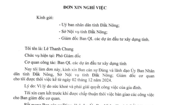 Phó Giám đốc BQL các dự án đầu tư Xây dựng Đắk Nông xin nghỉ việc