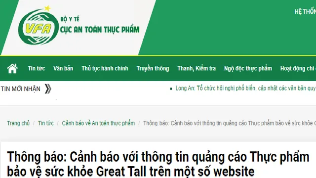 Thực phẩm bảo vệ sức khỏe Great Tall  quảng cáo lừa dối người tiêu dùng trên một số website