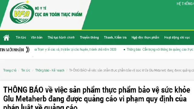 Cẩn trọng với thông tin quảng cáo thực phẩm bảo vệ sức khỏe Glu Metaherb