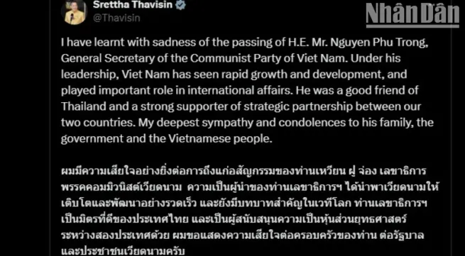 Thai Prime Minister and overseas Vietnamese in Thailand express condolences over passing of Party leader Nguyen Phu Trong