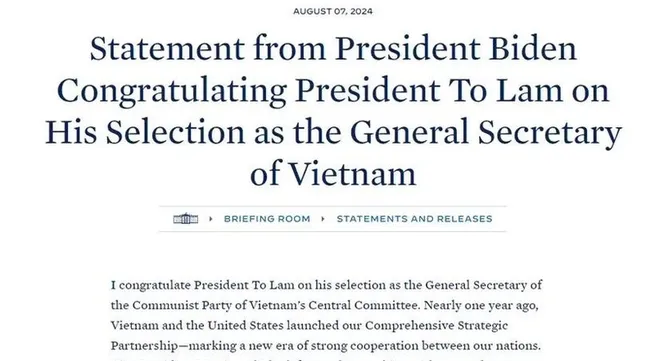 US President congratulates Vietnamese Party General Secretary, President