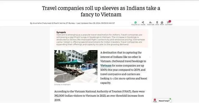 Vietnam a unique destination attracting Indian tourists: Indian newspaper