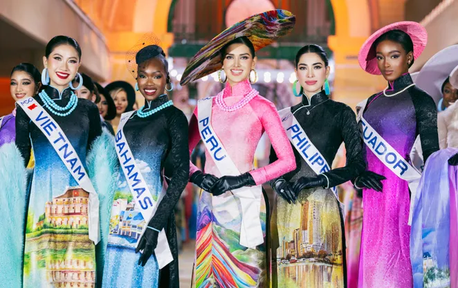 Hoa hậu các nước diện áo dài tôn vinh biểu tượng văn hoá thế giới